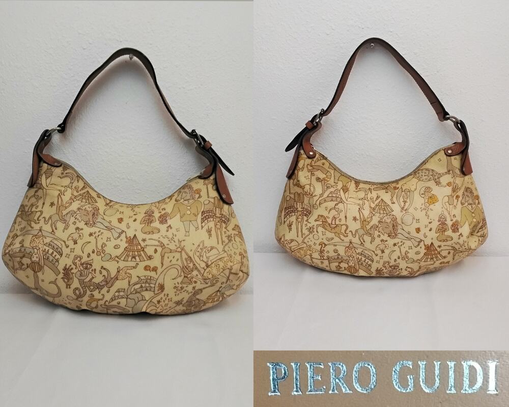 Piero Guidi Magic Circus Shoulder Bag Coated Canvas Cream Leather Strap #Z5819